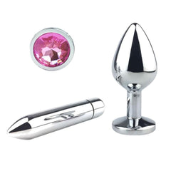 Jeweled Stainless Steel Butt Plug and Vibrator 2.87 to 4.02 Inches Long