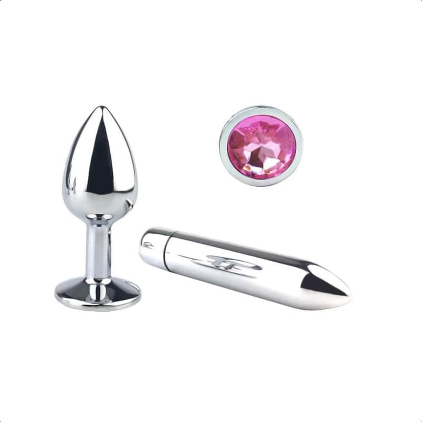 Jeweled Stainless Steel Butt Plug and Vibrator 2.87 to 4.02 Inches Long