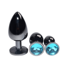 Bright Black Jeweled Metal Butt Plug 3pcs Set