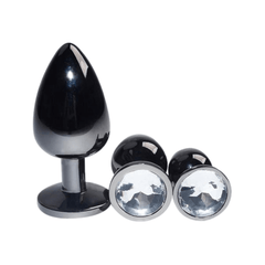 Bright Black Jeweled Metal Butt Plug 3pcs Set