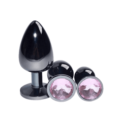 Bright Black Jeweled Metal Butt Plug 3pcs Set