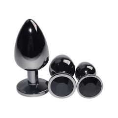 Bright Black Jeweled Metal Butt Plug 3pcs Set