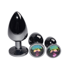 Bright Black Jeweled Metal Butt Plug 3pcs Set