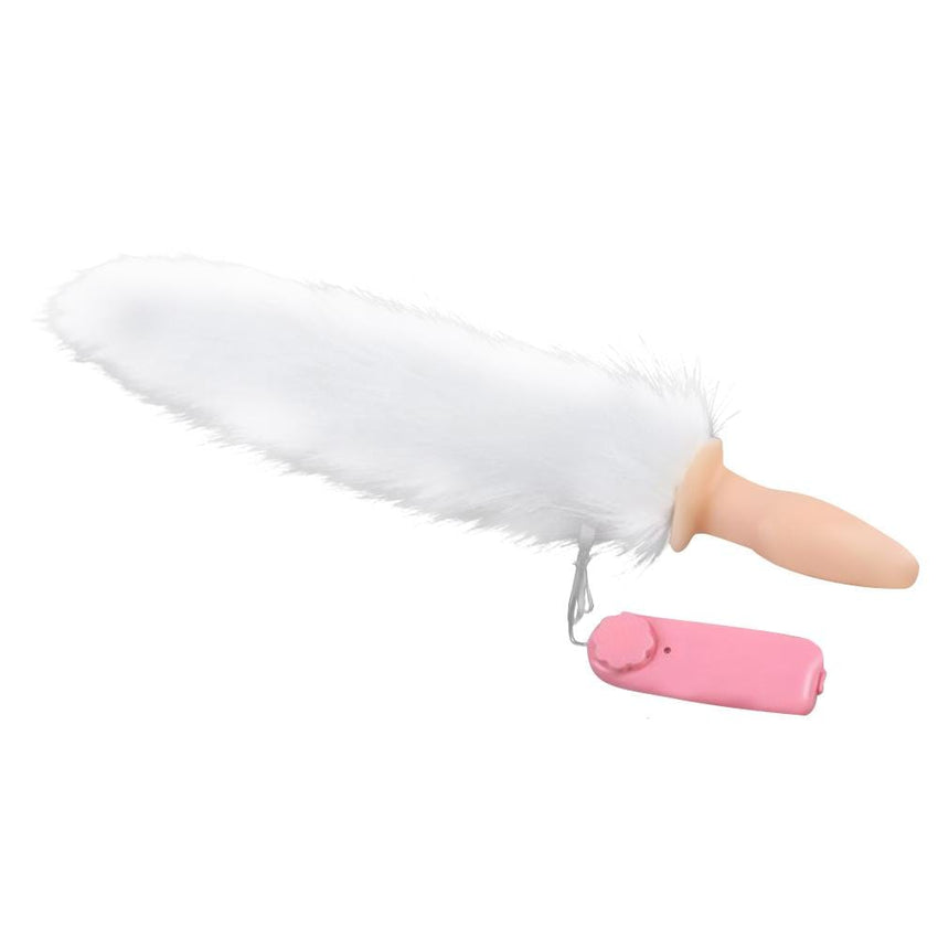 White Fox Tail Butt Plug Vibrator, 13'