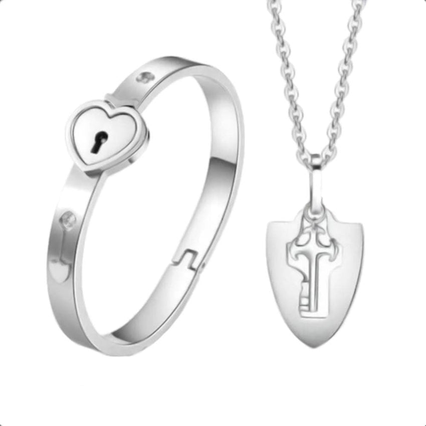 Couple's Heart Lock Bangle and Key Necklace