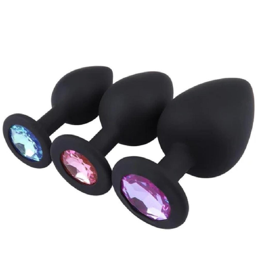 Black Silicone Jeweled Butt Plug 3pcs Set