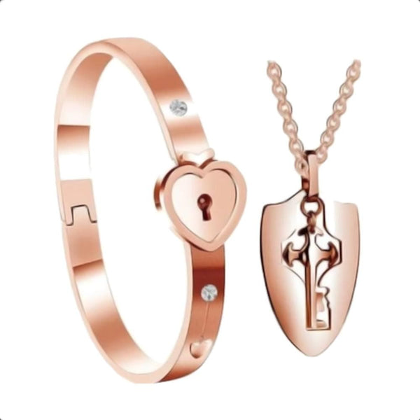 Couple's Heart Lock Bangle and Key Necklace