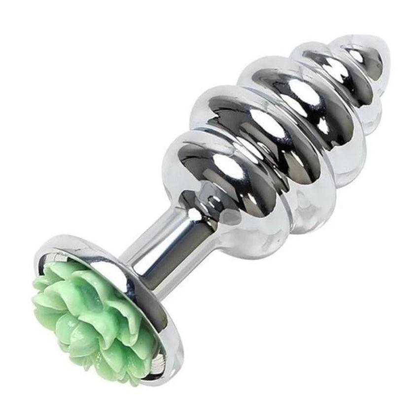 Shiny Ribbed Flower Metal Butt Plug 2.76 Inches Long