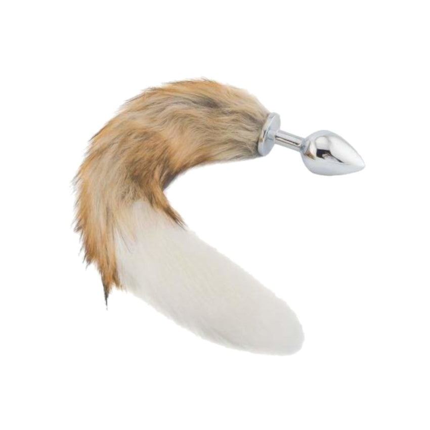 Brown And White Fox Tail With Metal Plug-Shaped Tip