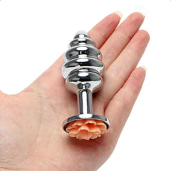 Shiny Ribbed Flower Metal Butt Plug 2.76 Inches Long