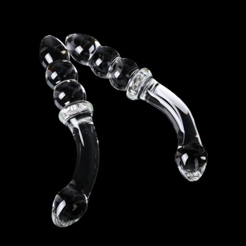 J-Contoured Beaded See-Through Glass Dildo