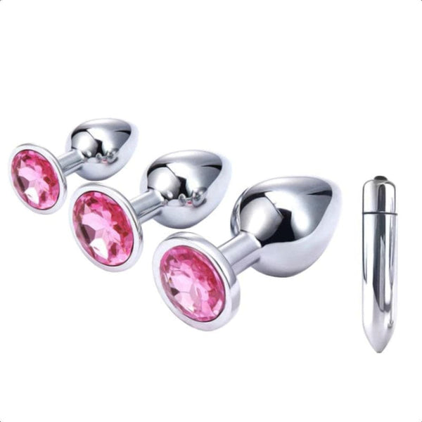 Jeweled Stainless Steel Butt Plug and Vibrator 2.87 to 4.02 Inches Long