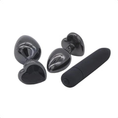 Gunmetal Heart-Shaped Butt Plug With Extra Vibrator 2.76 to 3.74 Inches Long