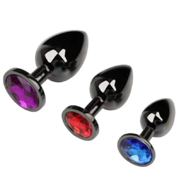 Gunmetal Rainbow-Colored Jewel Metal Butt Plug 3pcs Set