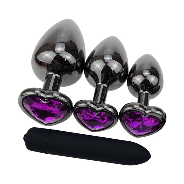 Purple Heart Metal Butt Plug Kit With Vibrator 4pcs