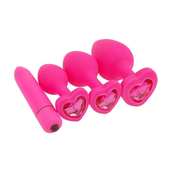 Lovely Pink Silicone Butt Plug Kit With Extra Vibrator 4pcs