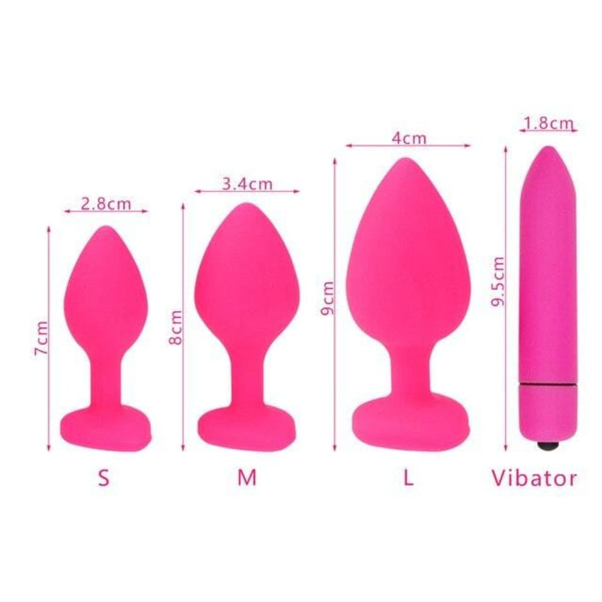 Lovely Pink Silicone Butt Plug Kit With Extra Vibrator 4pcs