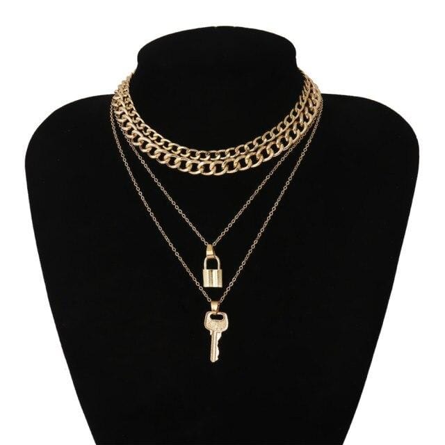 Multi Layer Lock and Key Necklace Set