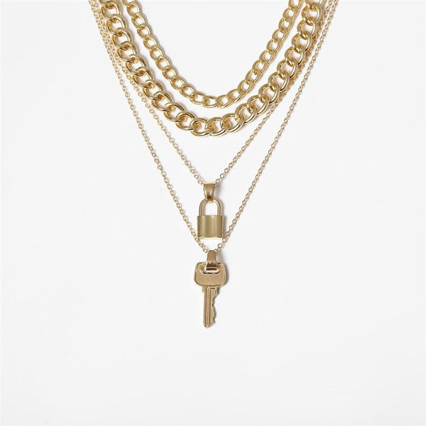 Multi Layer Lock and Key Necklace Set