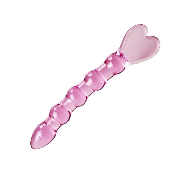 Pink Curved and Beaded Glass Heart Dildo