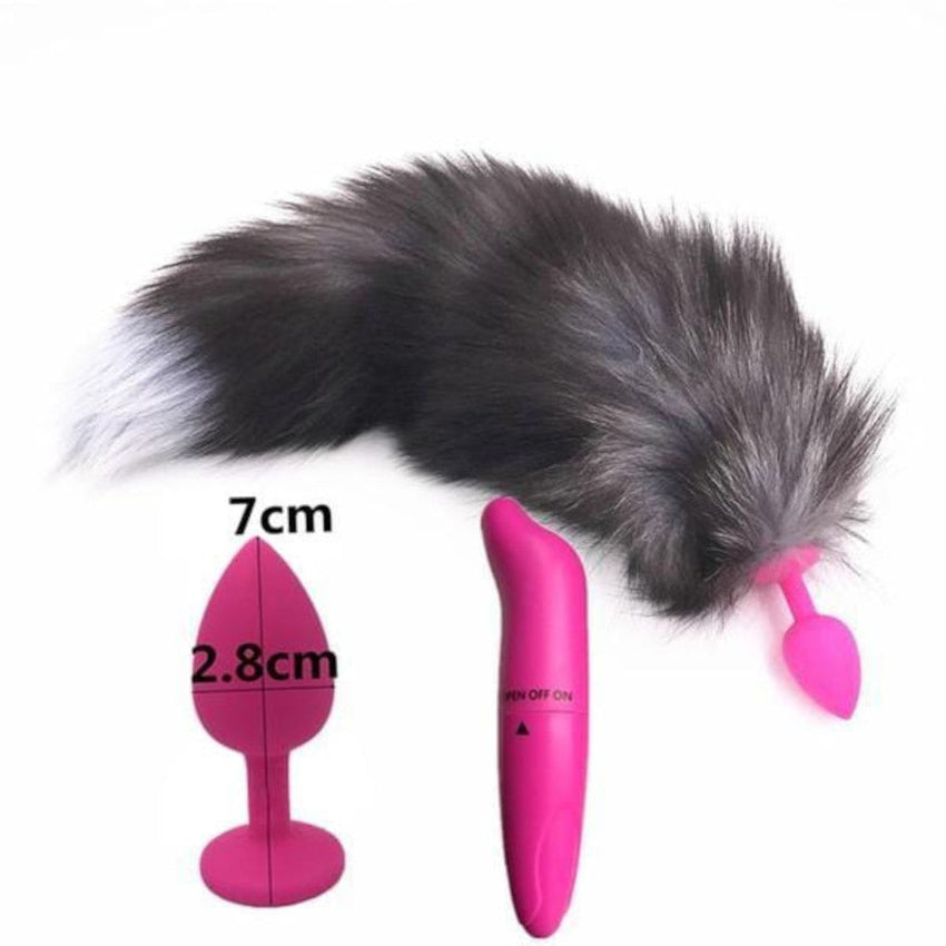 15' Dark Fox Tail with Pink Silicone Princess-type Plug and Extra Vibrator