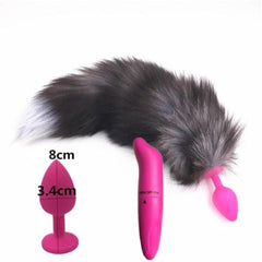 15' Dark Fox Tail with Pink Silicone Princess-type Plug and Extra Vibrator