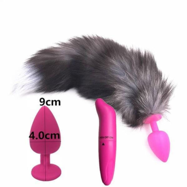 15' Dark Fox Tail with Pink Silicone Princess-type Plug and Extra Vibrator