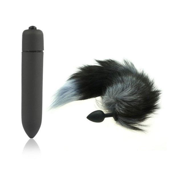 17' Silicone Black Fox Tail with 10 Speed Vibrator