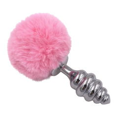 Pink Ribbed-Contoured Bunny Tail Butt Plug 2.7 to 3.5 Inches Long