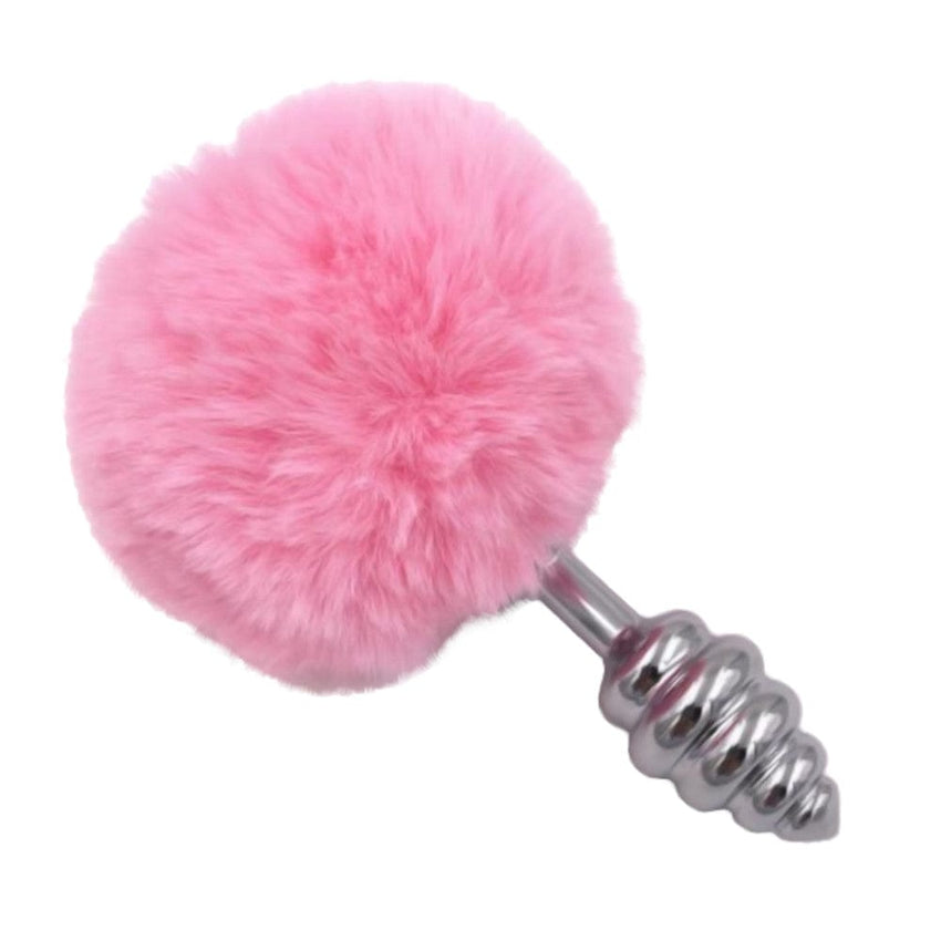 Pink Ribbed-Contoured Bunny Tail Butt Plug 2.7 to 3.5 Inches Long