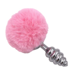 Pink Ribbed-Contoured Bunny Tail Butt Plug 2.7 to 3.5 Inches Long