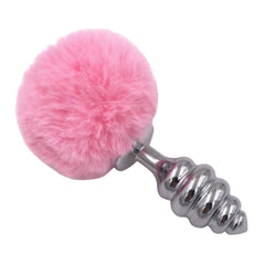 Pink Ribbed-Contoured Bunny Tail Butt Plug 2.7 to 3.5 Inches Long