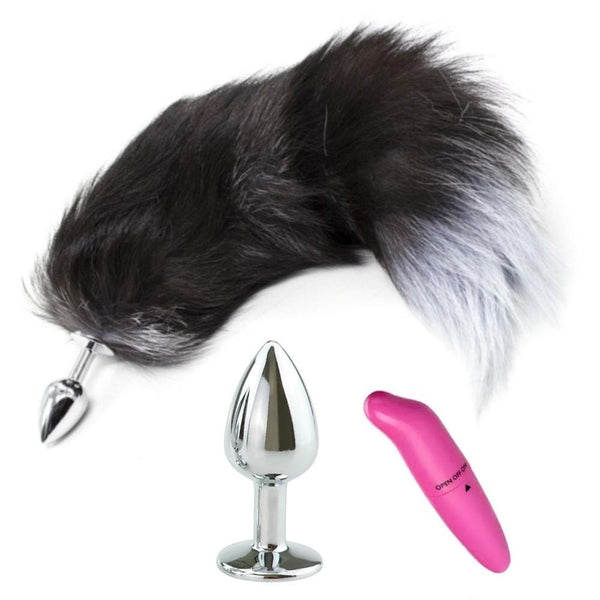 15' Dark Fox Tail with Princess-type Steel Plug and Extra Vibrator